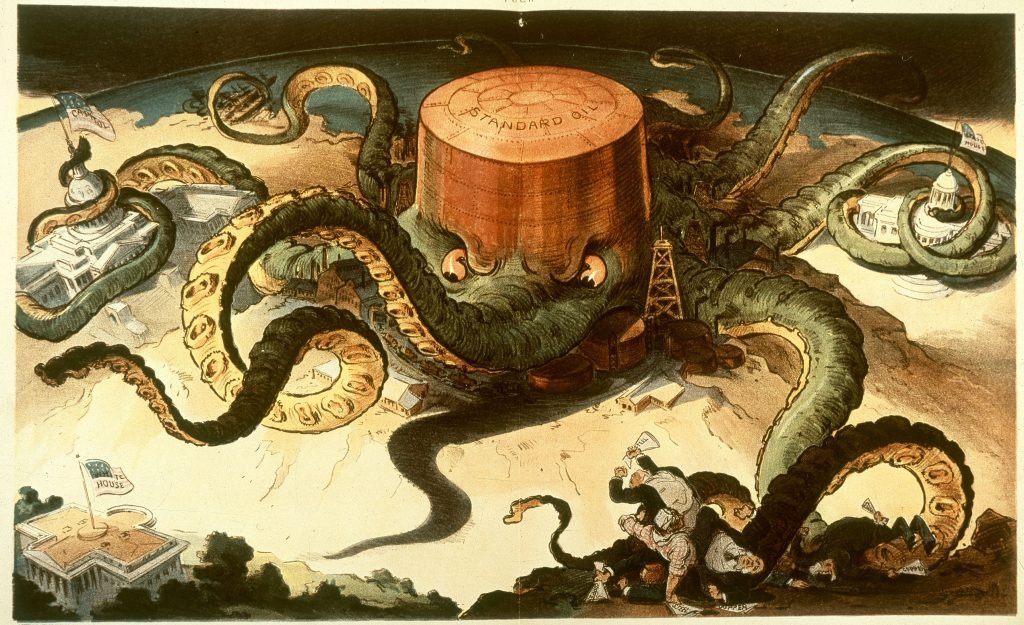 représentation d’une entreprise commerciale acquisitive et manipulatrice (Standard Oil) comme une pieuvre toute-puissante